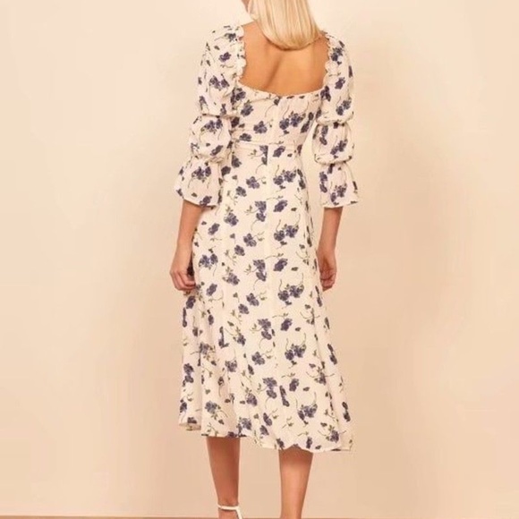 Bohemian Off White Blue Floral lace up Midi Dress Gypsy - Picture 8 of 11